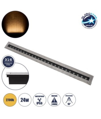 GLOBOSTAR® UNDERGROUND-REMVI 90194 Χωνευτή Μπάρα Φωτισμού Wall Washer LED 24W 2160lm 10° DC 24V Αδιάβροχο IP68 Θερμό Λευκό 2700K Dimmable - Ανοξείδωτο Ατσάλι 304 - Μ100 x Π9 x Υ7.2cm - Μ98.2 x Π7.6cm - 3 Χρόνια Εγγύηση